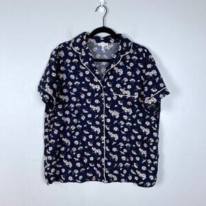 Vera‎ Bradley Short Sleeve Pajama Shirt Floral Navy Button Down Top Cotton Sz XL